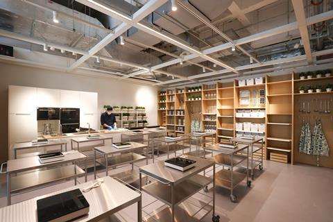 Food preparation kitchen with desks and equipment in Ikea Shanghai
